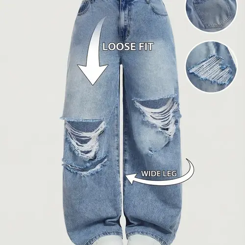 Women's Denim Fabric Jean Long Pants Loose Fashion Design Spring Summer Ripped Fitted Breathable Comfort Casual Streetwear, Zipper Fly Closure, All Seasons