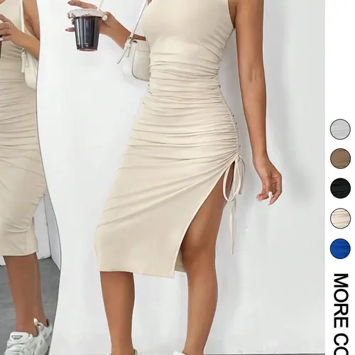 Women's Minimalist Drawstring Ruched Split Thigh Tank Dress, Solid Sleeveless Round Neck Fit Bodycon Dress, Sundress, Casual Plain Dress, Casual Wear, Dresses for Women, Ladies Clothes for Summer