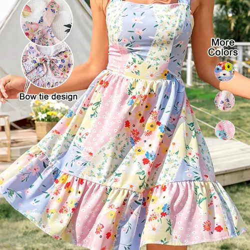 Women's Summer Floral Print Back Bow Tie Strap Dress, Sleeveless Boho Style, Bohemian, Fitted Short Dress, Elegant Vacation Wear, Multicolor, Boho Fashion Sundress, Bohemian Summer Dresses
