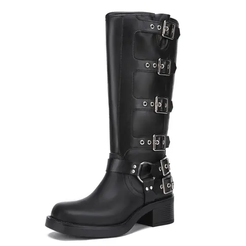 Women's Vintage Wide Calf Riding Boots - PU Leather, TPR Soles, Adjustable Metal Buckle, Square Toe, Chunky Heel, Biker Style Shoes, Party Footwear, Comfortable Walking, Super Versatile, Match Various Items, All-Year Wear, summerwins,sohochic
