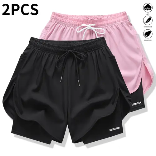 Women's Polyester Fabric Casual Athletic Shorts, 2-Pack, Faux 2-Piece Solid Color, Built-In Lining, Elastic Drawstring Fit Waistband, Suitable for Gym, Outdoor to Casual Wear