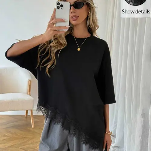Summer Knitted Round Neck Short Sleeve Top, Baggy Oversized Loose Fit Asymmetrical Hem Lace Trim, Soft Breathable Women's Casual Shirt