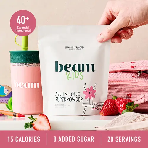 Beam Kids Superblend Vitamin Drink Powder - Sugar-Free Daily Vitamins, 20-Serving Pack, Pediatrician Formulated, 40+ Ingredients, Strawberry Milk Flavor, Growth Boost, Supports Growth and Strong Bones, Immunity, Gut Support | Back to school