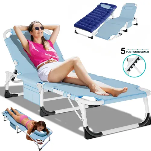 DOCRED Luxury Folding Sun Lounger - Heavy-Duty Iron Frame 5-Position Relaxing Recliner with Stripe Padded Mat, Face Hole, Backpack Design, Leaf Accent, 440lbs Weight Capacity, Aluminum Frame for Poolside Rest, Patio Camping Gear