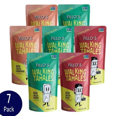 Fillo's Walking Tamales Variety Pack of 7, Ready-to-Eat, Gluten-Free, Vegan, Microwavable - Savory Contain: Verde, Roja, and Habanero - Mild Contain: Verde, Sweet Corn Elote, Corn Poblano Rajas