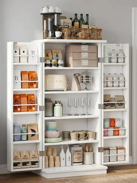 Walsunny Kitchen Pantry 5-Tier 16 Adjustable Shelves Storage Cabinet with Doors, Freestanding Pantry Cupboard for Kitchen, Dining Room, Living Room Adjustable beverage Shelves for Living Room and Dinning Room, Sideway Organizer, White