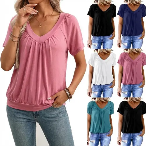 PHEFEE Women's Essential Short-Sleeve V-Neck Tunic Top - Knitted, Loose-Fit, Pleated Front Drapery Summer Tee for Leggings, Skinny Skirts, Chic Outfits,sohochic