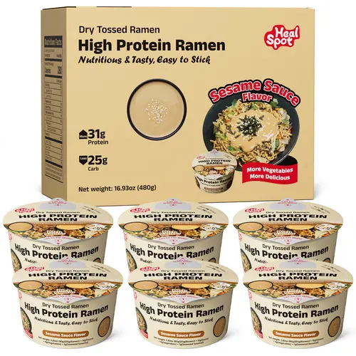Healspot High Protein Ramen Bowls (6-Pack) 31g Plant-Based Protein - Low Carb & Low Fat - Sesame Sauce, Low Sugar, Cumin Powder, High Protein Ramen Noodles, Plant Based Meals