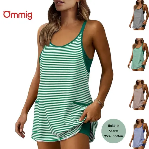 Ommig Women's Sleeveless Cool Striped Active Dress - Sportswear Dress with Sporty Chic V-Neck, Built-in Shorts, Cotton Bodycon Above-The-Knee Fit, Light Helps You Stay Cool for Summer Workout & Going Out