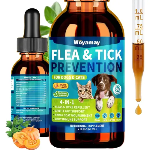 WOYAMAY 4-IN-1 Fleas & Ticks Repellent Drops for Dogs & Cats, Liquid Formula with Pumpkin Syrup, Included Dropper, Gut Health Skin & Coat Immune Support Bacon Flavor