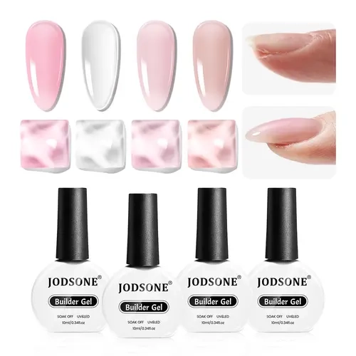 JODSONE Salon Durable Builder Gel Set - 4x10ml Extension & Strengthening Kit with Nude,Pink,White Shades,UV/LED Cure,Brush,Smooth Manicure Supplies for At-Home Gel Nails (Beauty & Personal Care)