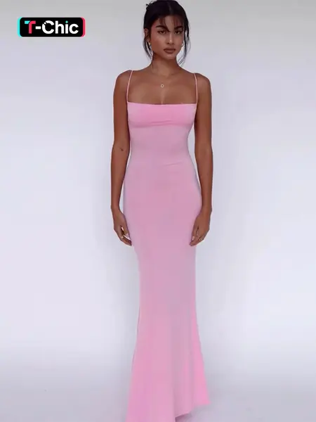 Women's Solid Knitted Backless Cami Mermaid Bodycon Fit Dress, Adjustable Strap Sleeveless Maxi Dress for Parties, Clubs, Dates and Evening, Ladies Summer Elegance Clothes Sleeveless Mermaid Gown