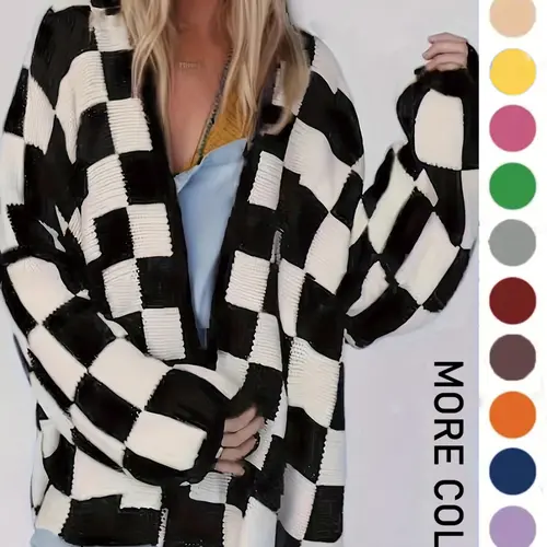 Plus Size Plaid Print Drop Shoulder Cardigan, Casual Style Long Sleeve Open Front Knitwear for Fall & Winter, Women's Plus Clothing for Daily Wear Piece, Womenswear Knitting, Colorblock Knit Sweater, Colorblock Sweater Tops, Fashion Knitwear