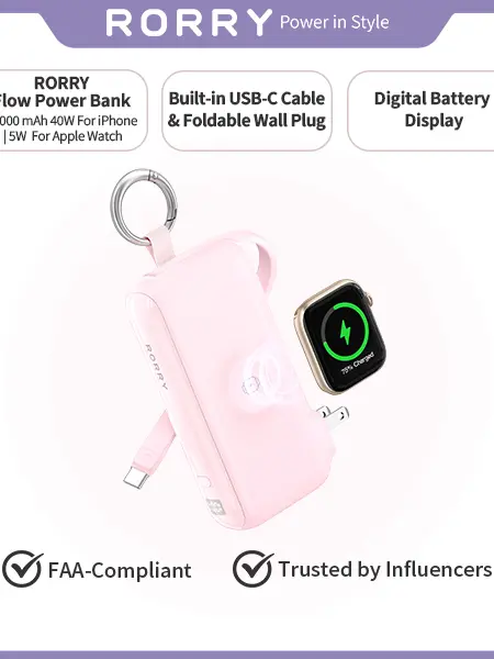 #BackToSchool RORRY Flow 10000mAh 40W Fast Charging Power Bank with USB-C Cable and Foldable Plug for iPhone 17-12 & Apple watch Travel Essential Giftidea,sohochic