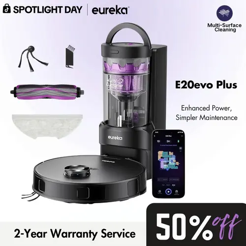 Eureka E20 Evo Plus Robot Vacuum and Mop Combo, 10,000Pa Suction Robot Vacuum Cleaner Bagless Self-Emptying Station, 45-Day Capacity Anti-Hair-Tangling Side Brush Mop Lifting App Control LiDAR Nav