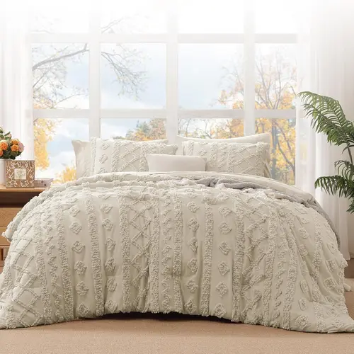 【Back to School】Tufted Boho 7 Pieces Comforter Set   Bedding Farmhouse Bed Set, All Season  , Pillowcases & Shams,bed comforter set,bedding sets,queen comforter set,Soft Jacquard Comforter for All Seasons Gifts