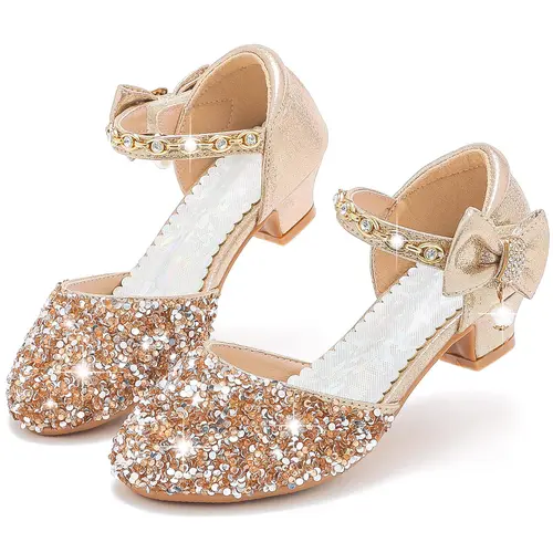 Girls' Fashionable High Heels Sandals - Toesafe Close Toe, Glitter Straps, Rhinestones, Butterfly Bow-Top Charm, Shiny Toe Detail, Hook-and-Loop Closure, Formal Party Wear for 10 Toddler & Big Kid, Indoor-Outdoor Use,sohochic