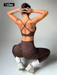 Women's Leopard Print Two-Piece Set, Adjustable Straps Backless Top + High Waist Tight Bottoms, Sporty Yoga Fitness