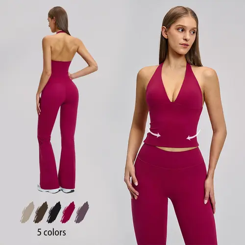 NVWA Women's Stylish 2-Piece Athleisure Activewear Set - Sleeveless Deep V Backless Tank Tops, High-Waisted Flared Pants, Skin-Friendly Breathable Summer Clothes for Women, Suitable for Gym & Yoga,sohochic