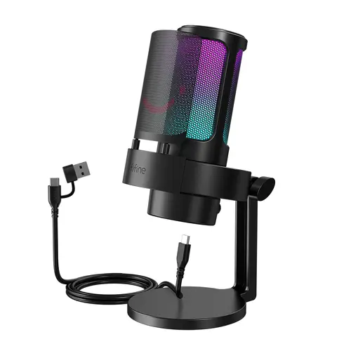 fifine A8 Condenser Gaming Microphone, USB Mic for Streaming, Podcasts, Recording, with RGB Control, Mute Button, Headphone Jack, Pop Filter, Computer Desktop Mic for PS4/5,PC