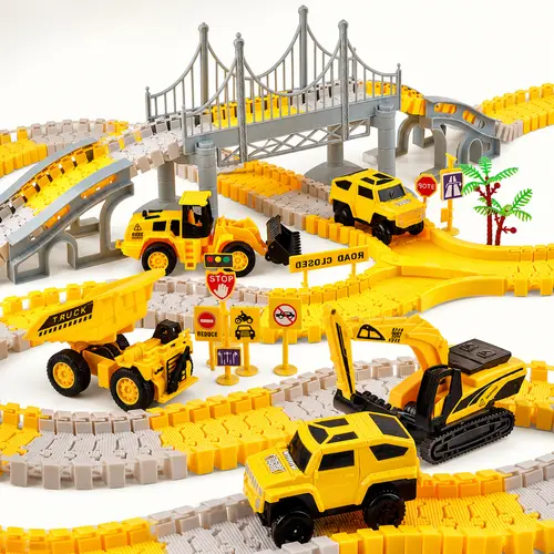 276 Pcs Construction Race Track Toy for Boys Age 3-7, Flexible Bendable Track Playset with Suspension Bridge & Electric Cars, Excavator Dump Truck Engineering Vehicle Gift