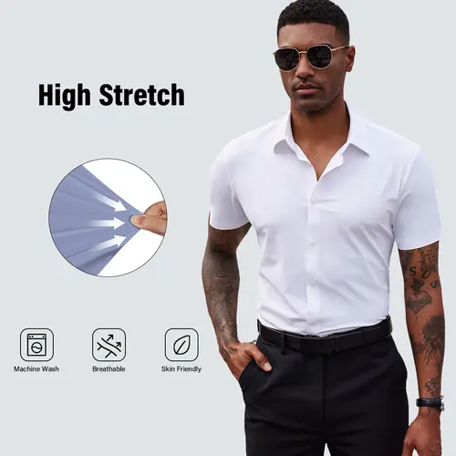 2-Pack Alimens&Gentle Men's Stretch Dress Shirts Short Sleeve Slim Fit Business Casual Button Down Shirts Muscle Fit Men's Dress Shirts Shortsleeve Menswear gifts for dad Top Plain