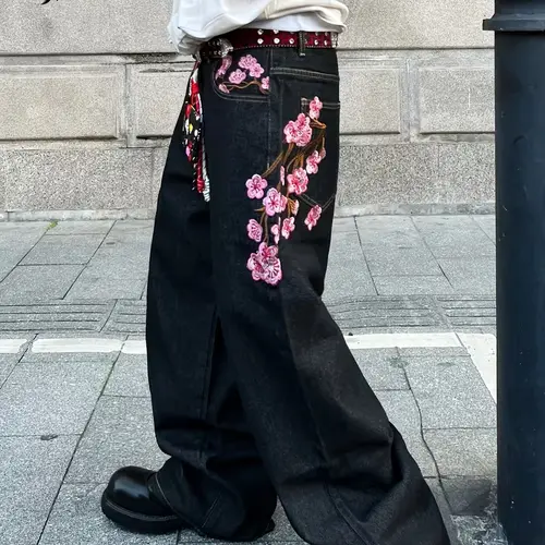 UP THE-Y2K Baggy Jeans Men's Wide Leg Hip Hop Vintage Floral Embroidered ，Suitable for occasions such as gatherings and shopping.