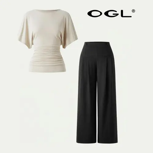 OGL Boatneck Batwing Side Ruched Top & Mid Rise Wide Leg Trouser with Pockets TikTokShopBackToSchool SohoChic