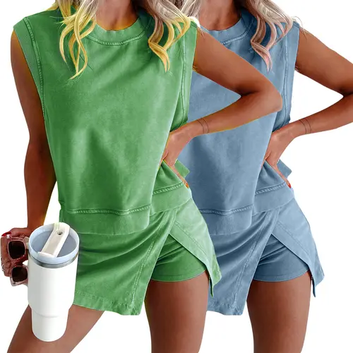 Buenoble Womens Summer Lounge Set Mineral Wash Tank Top Split Skirt Travel Casual Two-Piece Outfit Womenswear