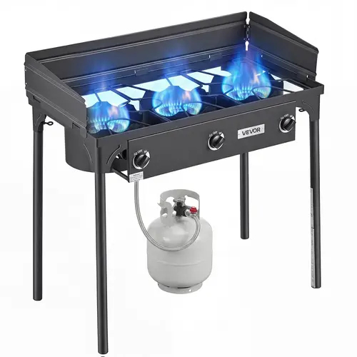 VEVOR Portable 3-Burner Propane Stove - Heavy-Duty Carbon Steel Outdoor Cooking Station with Tall Stand, Wind Shield, Rust-Resist Coat, Independent Knobs Match Each Task, 225000 BTU for Camping, BBQ