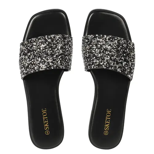 【Clearance】Women's Rhinestone Slippers Flat Black Sandals Sparkly Sandals Square Open Toe and bling Sandals for Casual Wear Indoor Outdoor for the beach and vacation Summer Vibes,Comfortable and Versatile Holiday Footwear,2026 Fashion