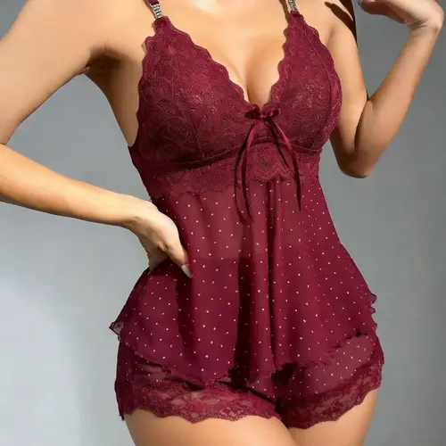 Women's Polka Dot Mesh Sleepwear Set, Elegant Comfortable Nightgown with Dark Bow Front Decor, Perfect for Sleep and Casual Wear