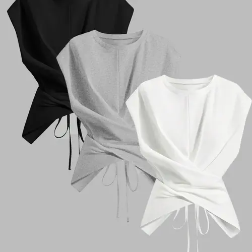Women's Knitted Fabric Round-Neck Drop-Shoulder Batwing Sleeves T-Shirt, Chic Casual Asymmetrical Crisscross Back-Tie Top, for Spring & Fall Wear Classy Tops Soft Knitting Tops Womenswear