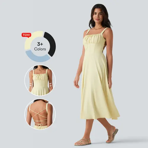 【Creator’s Pick】Halara Lemon Sea Salt Crisscross Backless Square Neck Sleeveless Ruched Built-in Bra Midi Resort Flowy Dress #BackToSchool