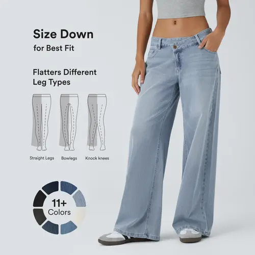 Halara Flex™ Asymmetric Low Rise Zipper Pockets Baggy Wide Leg Washed Casual Jeans