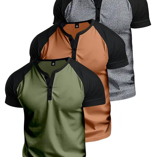 Men’s Summer Lightweight Colorblock Henley Short-Sleeve Raglan Crew Neck Button T-Shirt - XL Menswear Streetwear Top for Everyday Wear, Sports Outings, Gifts for Boyfriend