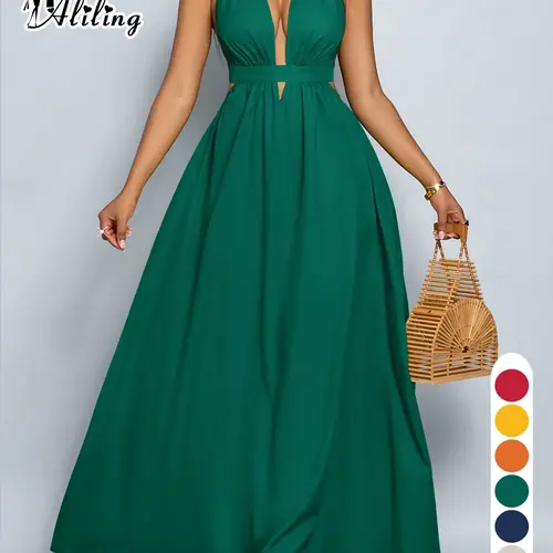 Women's Casual Sexy Basic Plain Long Dress for Spring & Summer, Fashionable Backless Halter Neck High Waist Loose Fit Sleeveless Clothing Backless Sleeveless Dresses