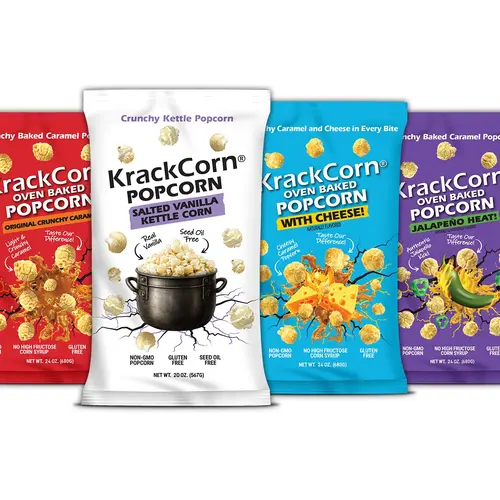 KrackCorn Oven Baked Popcorn Crunchy Caramel, Cheddar Cheese, Vanilla Kettle, & Jalapeño Heat Snack Non-GMO Gluten-Free Perfect for Movie Nights & Lunch Breaks Savory Crunchy Flavor