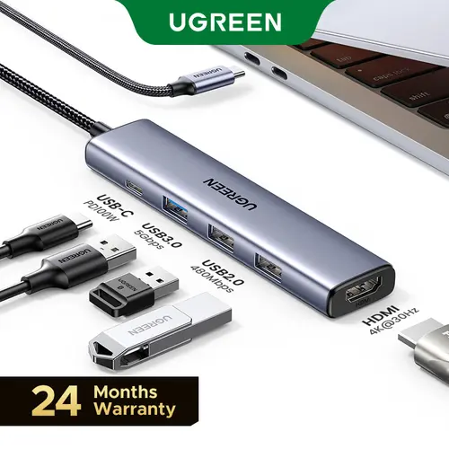 UGREEN 5in1 USB C Hub（HDMI Cable Not Included) Type C to PD 100W Power Delivery, 4K@30Hz HDMI,  3 USB-A 5Gbps Data Ports, Type C Multiport Adapter for Macbook Air Pro, iPad Pro, XPS, Computer Accessories,Summer Sale
