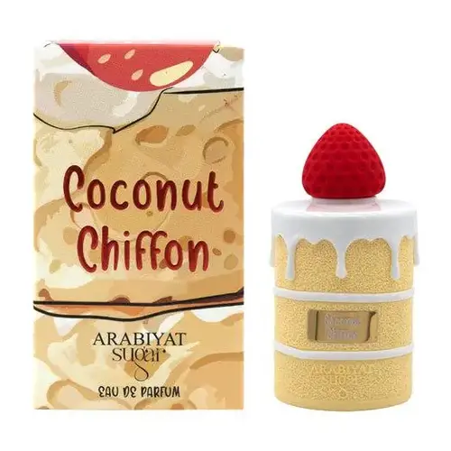 Arabiyat Unisex Sugar Coconut Chiffon EDP Spray - 3.4 fl oz (2 – 3.9 Fl Oz Range) Adult Gourmand Perfume for Adults, Liquid in Bottle, Coconut, Jasmine, Vanilla Butter, Cooked Sugar, Musk Notes, Creamy Sweetness, Gourmand Delight, Single Item, Elegant Per