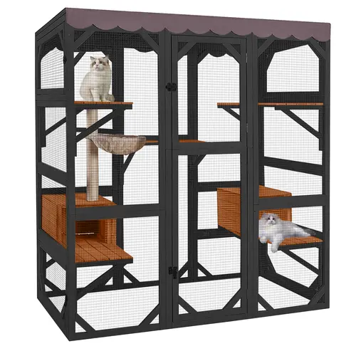 Aivituvin-AIR37-M Large Solid Wood Walk-in Mesh Cat Enclosure - Outdoor Kitty House with 64.2" Tall Access Door, Waterproof Roof Tarp, Stable Corner Bars, Predator-Resistant Latches, Spacious Room, Safe Shelter for Window/Cat Door Connection, Outside Use,