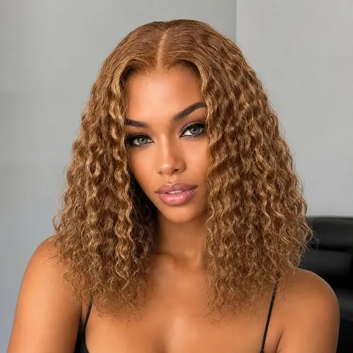 OQ HAIR Honey Blonde Light Highlight Water Wave Glueless Wig 7x5 Pre-cut Pre-plucked Bleached Knots 100% Human Hair Colored Short Wigs