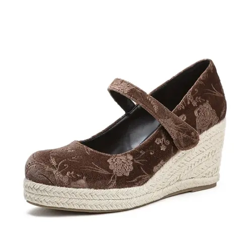 Women's Thick Sole Wedge High Heel Sandals, Brown Fashion Stylish Classy Elegant Closed Toe Heeled Shoes, Floral Wedges Decor Slip-On Design, Summer Beach Vacation & Daily Wear Footwear