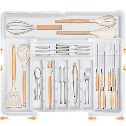 【SUHOPE】Summer Super Deal Silverware Organizer for Kitchen Drawers, Expandable Utensil Organizer & 2 Knife Block Inserts, BPA Free Flatware and Cutlery Holder, Adjustable Plastic Storage for Spoons Forks Knives(Clear)