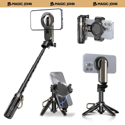 MAGIC JOHN 4-in-1 Multifunctional Magnetic Selfie Stick - 360° Rotate, Lightweight Compact Stylish Design, Wireless BT Remote Control, Magnetic Hold Mount, Handheld for Selfies/Vlogging, Compatible with Most Smartphones