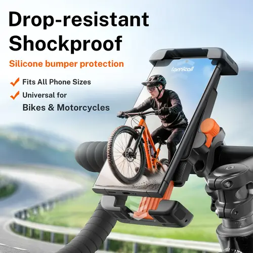 Lamicall Bike Phone Holder, Motorcycle Accessories, Bike Accessories - Adjustable Phone Stand with Silicone Protection, Round Handlebar Mount, Tool-Free Installation, Secure & Stable, 1-Hand Operation for 6"-7" Smartphones