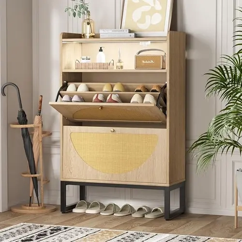 [SohoChic] Vabches Shoe Storage Cabinet, Rattan Shoe Cabinet with 2 Flip Drawers & Sensor Light for Entryway, Narrow Free Standing Shoe Racks for Entryway, Hallway, Organiser, Flip Drawers Organizer, Adjustable Storage