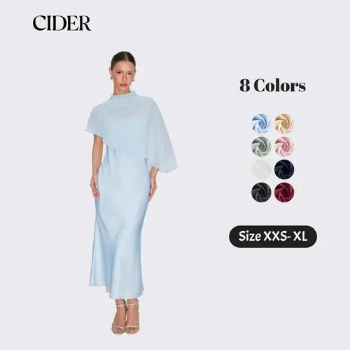 Cider Satin High Neck Cape Sleeve Maxi Dress SohoChic