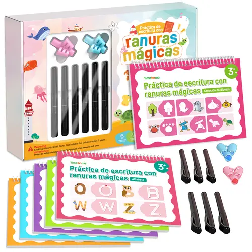 TIMETOME Spanish Focus Reusable Grooved Handwriting Workbook Set Pack - 6 Books (10.2×7.2 in), Eco-Friendly Language Writing Aid Pen Set, School Supplies for Preschool-Early Elementary Kids (Number, Letters, Math, Words, Drawing),sohochic