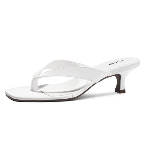 FITORY Women's Elegant Square Toe Low Heel Flip Flops - Slip-On Polyurethane Sandals for Dressy Casual Use (White), Kitten Heels, Chic,sohochic
